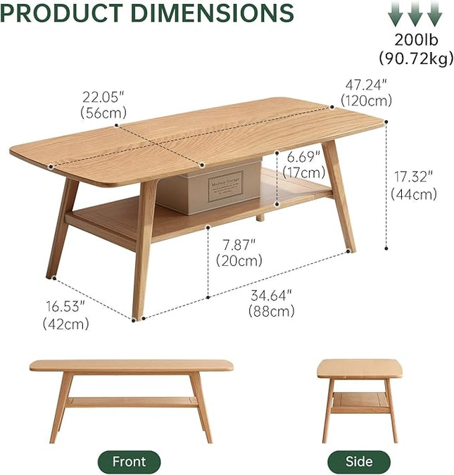 100% Solid Oak Wood Coffee Table for Living Room, 2-Tier Coffee Tables with Shelf Storage, Mid Century Modern Table with Rounded Corners (Natural Colour, 47.24" W x22.05 D x 17.32" H)