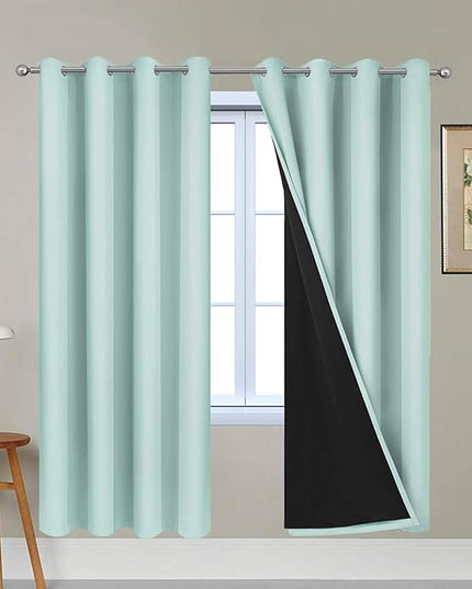 Yakamok 100% Blackout Curtains Energy Saving Thermal Insulated 2 Thick Layers Completely Blackout Drapes with Black Liner for Bedroom (52Wx72L, Aqua, 2 Panels)