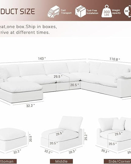 253" Oversized Cloud Modular Sectional Sofa,7 Seat Down Filled Sofa,Comfy Deep Seat Couch with Reversible Chaise & Cushions,Couch Cover Washable and Replaceable,White