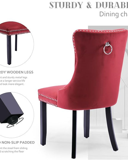 SoarFlash Velvet Dining Chair Set of 2, Upholstered Tufted Dining Room Chair with Nailhead Trim and Solid Wood Leg for Kitchen (Wine Red)