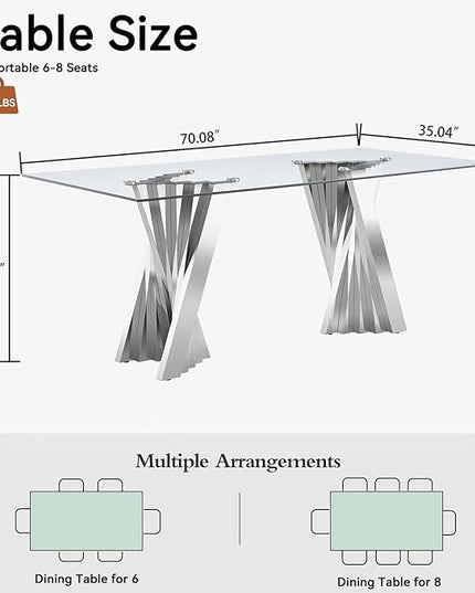 Goujxcy 70" Modern Glass Dining Table for 6-8, Luxury Silver Glass Dining Room Table with Mirrored Flash-Shape Stainless Steel Base, Rectangle Kitchen Dinner Tables for Dining Room Kitchen