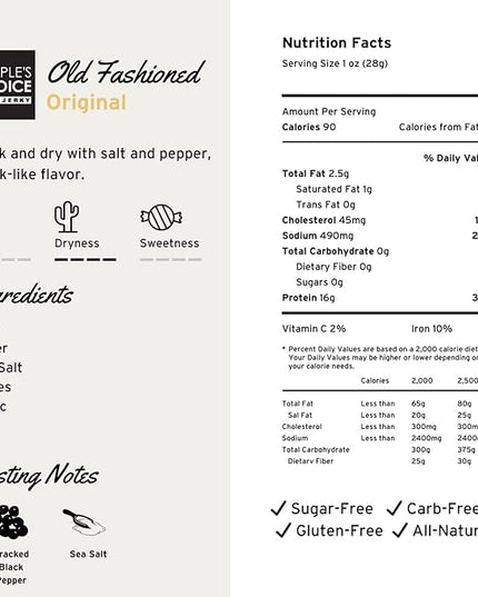 People’s Choice Beef Jerky – Old Fashioned – Original – Sugar Free, Zero Carb, 16g Protein, Keto Friendly – Dry Texture – Made in USA – 1 Pound (16 oz) Bag