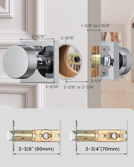 Polished Chrome Door Knobs Interior, Heavy Duty Interior Door Knob, Square Bathroom/Bedroom Door Knob with Lock, Zinc Alloy Indoor DoorKnob (1 Pack)