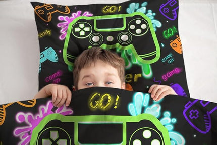 Sunnycitron Green Gamepad Gamer Comforter Set for Boys Gaming Bedding Set Teens Game Room Decor Queen (1 Comforter + 2 Pillowcase)
