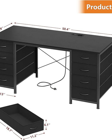 50 Inch Computer Desk with 8 Drawers, Home Office Desk with Power Outlets, Work Study Gaming Desk with 8 Fabric Drawers, Black
