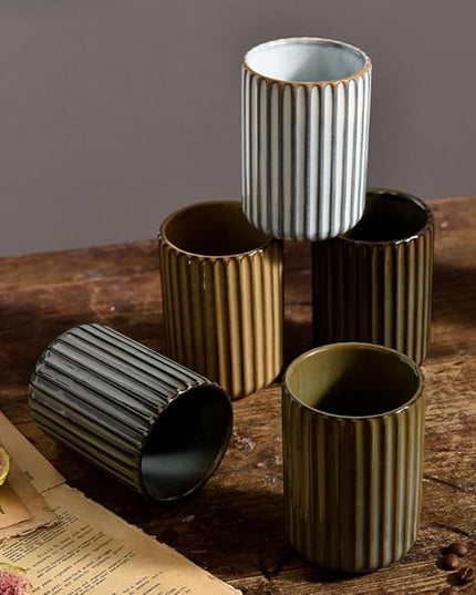 Stoneware Coffee Bar Utensil Holder Tea & Coffee Spoon & Stirrer Holder for Stir Stick Straw Teaspoon Holder Spoon Cup Small Utensil Jar Fluted Vertical Stripe (Retro White)