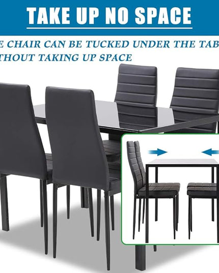 FDW | 5-Piece Dining Table Set | Black | Glass Kitchen Table with 4 Upholstered Chairs and Faux Leather Cushions | Space-Saving and Modern Design | for Dining Room, Easy to Assemble