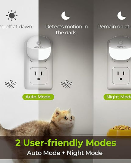 AUVON Plug in Night Light with Motion Sensor and Dusk to Dawn Sensor, Mini Cool White LED Nightlight with 1-50 lm Adjustable Brightness for Bathroom, Hallway, Stairs, Bedroom, Kitchen, 4 Packs