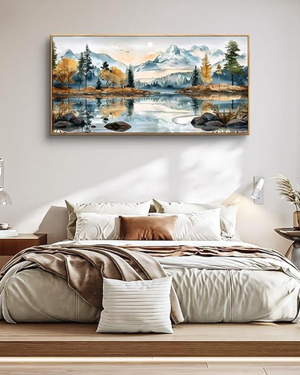 ERQINHUA Large Canvas Wood Framed Abstract Wall Art Living Room Wall Decor for Bedroom Office Decoration Watercolour Paint Tree Lakeside Landscapes Picture Artwork Home Decor Ready to Hang 30x60 In