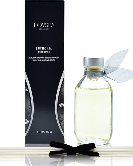 LOVSPA Reed Diffuser Set, Euphoria Luxe Linen Scented Oil Diffuser with Sticks, Home Fragrance Accessories for Bathroom Shelf Decor, Aroma Diffusers for Home or Office Fall Decor, USA Made