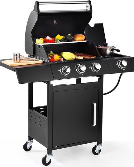 Q042-3-Burner w/Side Burner Gas Grill with 241 SQ.IN. Outdoor Grill with 36,000 BTU,Propane Grills with Top Cover Lid,Grills Outdoor Cooking for Patios,Balcony,Camping,Garden