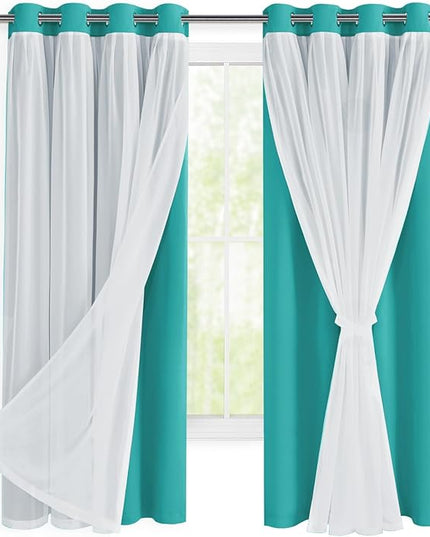 Hiasan Blackout Curtains with Sheer Overlay, Thermal Insulated Privacy Mix & Match Double Layer Window Curtains for Girls Bedroom, Living Room, 2 Drape Panels with Tiebacks,Peacock Teal, 52W X 63L