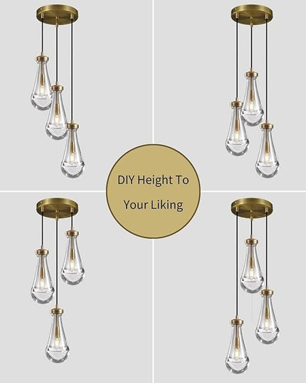 Brass 3 Light Pendant Lighting for Kitchen Island, Raindrop Cluster Pendant Light Fixture, Adjustable Hanging Rope Glass Chandelier Dining Room Light Fixture Ceiling Lamp for Foyer Hallway