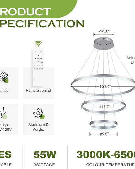 3-Rings D23.6 Modern LED Chandelier Silver Dimmable Pendant Lighting with Remote Control Circular Flush Mount High Ceiling Light for Dining Room Living Room Bedroom Entrance Foyer, 3000K-6500K