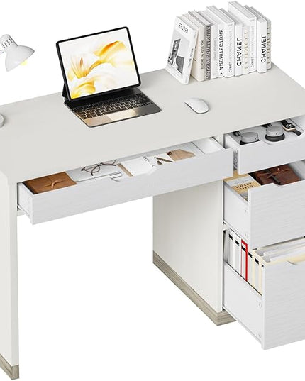 White Desk with Drawers, 48 Inch Small Computer Desk with 4 Storage Drawers for Small Space, Home Office Desk for Bedroom with Storage File Cabinet