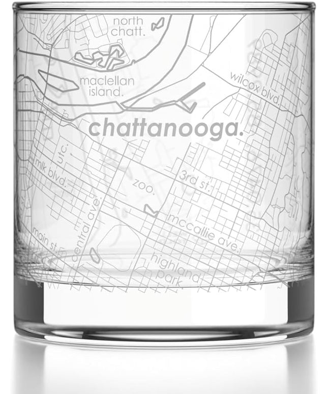 Well Told Engraved Chattanooga Tennessee Map Rocks Glass, Old Fashioned Glassware (11 oz, Clear) Etched Bourbon Tumbler, Gifts For Whiskey Lovers