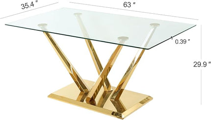 63'' Glass Dining Table for 4 or 6, 0.39" Tempered Glass Tabletop and Gold Stainless Steel Base, Large Dining Room Table for 6, Home Kitchen Table for Dining Room, Modern Dining Table for 6
