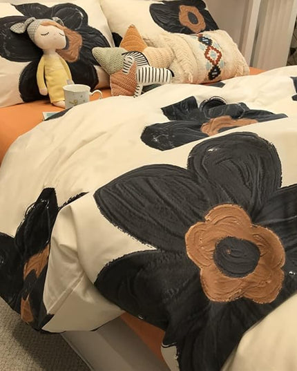 CLOTHKNOW Black Floral Twin/Twin XL Comforter Set Sunflower Bedding Comforter Sets Brown Plaid Comforter Boho Comforter with 2 x Pillowcases