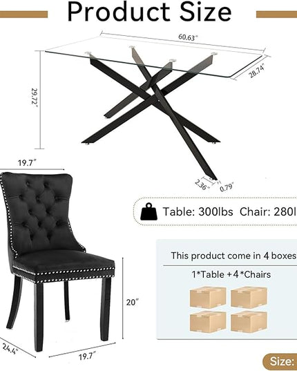 Modern 5-Piece Glass Dining Table Set for 4, Modern 60" Rectangle Black Glass Dining Room Table Set with Black Velvet Tufted Chairs Wood Legs for Kitchen Dining Room
