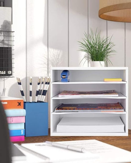 EMERIT 4-Tier Adjustable Paper Organizer, Large Capacity Desktop Organzier for Textbooks/Magazines/Office Files, Wooden Dividers, 7 lbs per Shelf, White