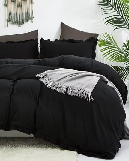 CLOTHKNOW Black Ruffles Queen Comforter Set Farmhouse Bedding Comforter Sets Shabby Chic Comforter Boho Comforter Queen with 2 x Pillow Cases