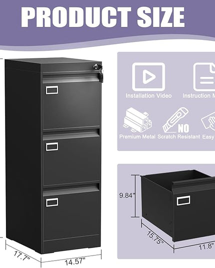 3 Drawer Metal File Cabinet with Lock, Small Locking Filing Cabinets, Vertical File Cabinet with Key, Black Under Desk Filing Cabinets for Home Office
