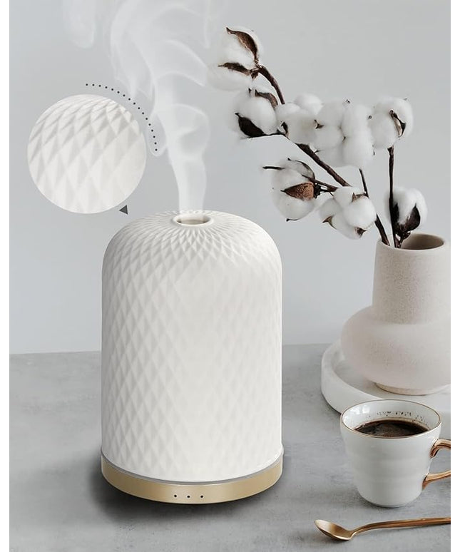 Essential Oil Diffuser,110ML Diffusers for Essential Oils Large Room, Ceramic Diffusers Decorative Ultrasonic Defuzzer, Ideal for Aesthetic Home,Dorm Décor, Yoga,White