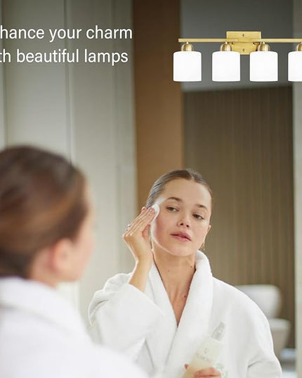 4 Light Gold Light Fixture Bathroom, Brushed Gold Vanity Light with Milky White Frosted Glass Shades, Lights for Bathroom Mirror for Living Room Bedroom Hallway E26 Base