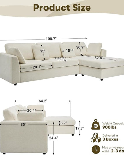 Tbfit L Shaped Couch, Oversized 108" Modular Sectional Sofa with Convertible Chaise, Comfy 4 Pillows Sofa for Living Room, Beige