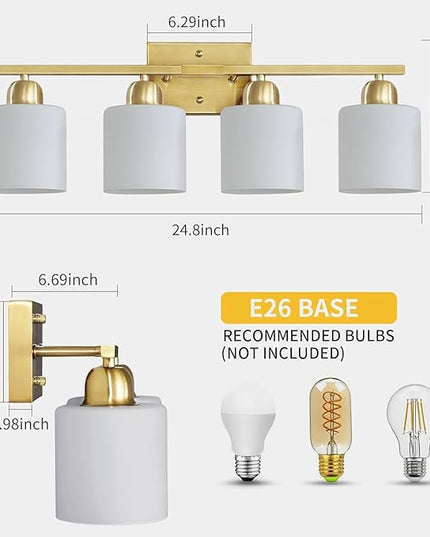 4 Light Gold Light Fixture Bathroom, Brushed Gold Vanity Light with Milky White Frosted Glass Shades, Lights for Bathroom Mirror for Living Room Bedroom Hallway E26 Base