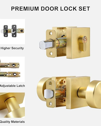 Gold Round Exterior Door Knob with Single Cylinder Deadbolt Lock Set, Fits Standard US Size Doors, Easy To Install, Deadbolt Lock for Left or Right Handed Use