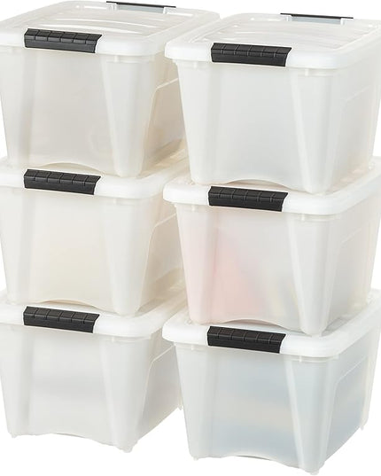IRIS USA 19 Qt Stackable Plastic Storage Bins with Lids, 6 Pack - BPA-Free, Made in USA - Discreet Organizing Solution, Latches, Durable Nestable Containers, Secure Pull Handle - Pearl