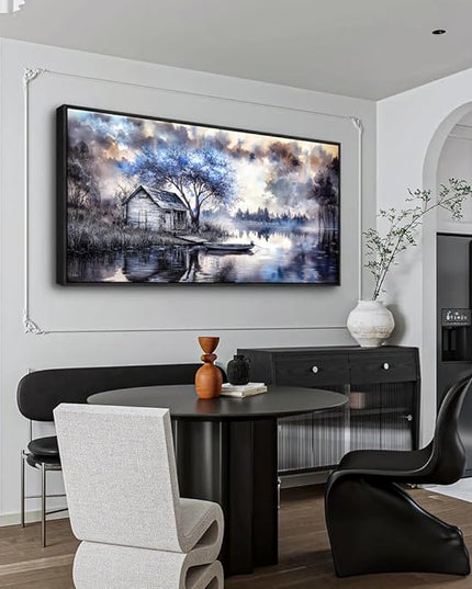ERQINHUA Large Wall Art For Living Room Canvas Home Wall Decor For Office Bedroom Dining Room Wall Pictures Blue Tree Lakeside Landscape Painting Modern Art Print Beach Posters 24"x48" Black Frame