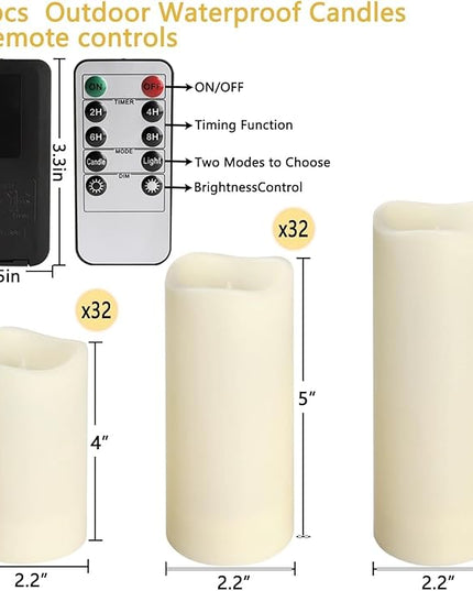 Set of 96 Waterproof Outdoor Flameless Candles, LED Candles with 4 Remote and Timer,(H 4" 5" 6" x D 2.2"),for Halloween Wedding Festival