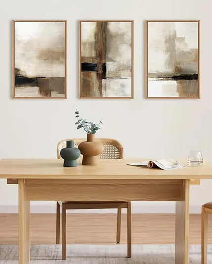 HOURIA Large Abstract Neutral Framed Canvas Wall Art Set,Brown Beige Wall Decor,Minimalist Textured Wall Painting,Modern Brush Stroke Line Art Print for Living Room,Bedroom,Office- 24"x36"x3