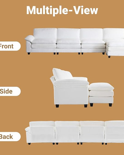 VINGLI 156" Cloud Corduroy Sectional Sofa, Comfy L-Shaped Extra Deep Seat Sofa Couch for Living Room,Modern 4-Seat Convertible Loveseat Sofa with Ottoman for Small Space(White)