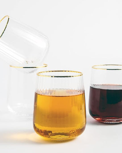 Lysenn Stemless Wine Glasses Set of 4 - Premium Hand Blown Drinking Glasses for White and Red Wine - Elegant Vertical Stripe and Gold Rim Design - Clear 15oz