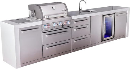 Mont Alpi Premium 4-Burner 145" Deluxe Stainless Steel Island Modular Outdoor Kitchen Island BBQ Gas Grill + Beverage Center Faucet & Sink + Refrigerator + Storage Drawers & Cabinets + Rotisserie Kit