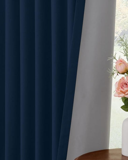 INOVADAY 100% Blackout Curtains for Bedroom, Black Out Curtains 96 Inch Long, Clip Rings Linen Blackout Drapes, Thermal Insulated Room Darkening for Living Room, 2 Panels - Midnight Blue,W50xL96