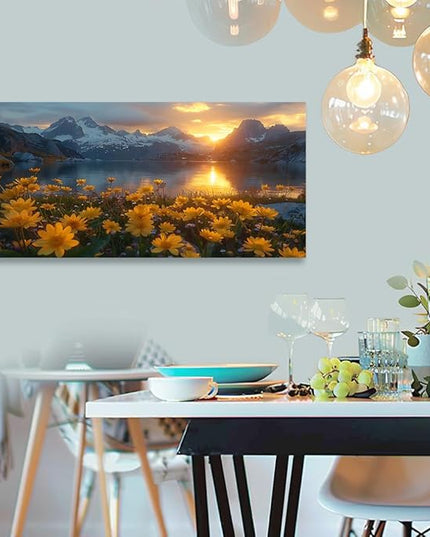 LKY ART Mountain Lake Sunset Wall Art Snow Capped Peaks with Yellow Wildflowers Picture Wall Decor for Living Room Nature Landscape Canvas Prints Poster Artwork Home Decoration