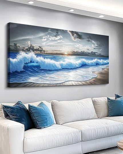 PHAOHUAXM Large Canvas Wall Decor For Living Room Wall Art For Bedroom Office Dining room Decor Modern Black White And Blue Ocean Wave Painting Printed Artworks Wall Pictures Home Decor 24"X48"