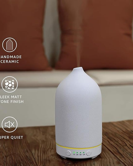 200ML Ceramic Essential Oil Diffuser - Ultrasonic Aromatherapy & Humidifier with 7-Color LED Lights, Auto Shut-Off, White, 1H/3H/6H Timer | Scent for Home,Office,Yoga