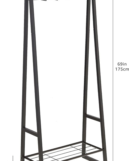 Amazon Basics 9 Hooks Coat Rack, Hallstand Entryway Shoe Bench with Metal 1-Tier Shelf, 13" D x 27.6" W x 69" H, Black