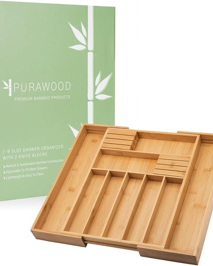 Bamboo Drawer Organizer with Knife Blocks - Silverware Organizer & Utensil Drawer Organizer, Cutlery Tray with Dividers, 7-9 Slots- Premium Kitchen Organizer for Utensils & Flatware (Natural)