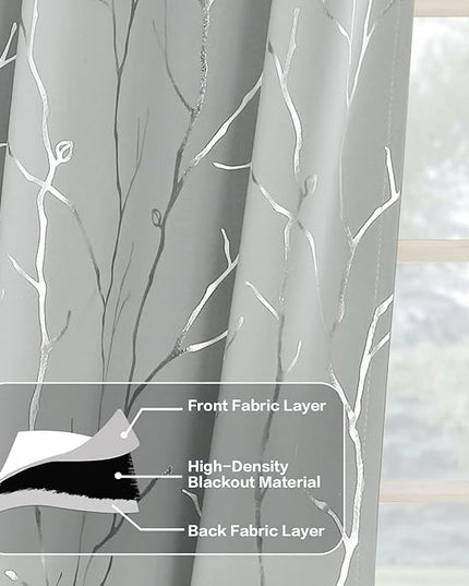 BUHUA Blackout Curtains for Bedroom and Living Room, 84 Inches Long, Thermal Insulated Drapes, 2 Panels with Tree Branches Design - 66W x84L Inch, Silver Grey, Set of 2