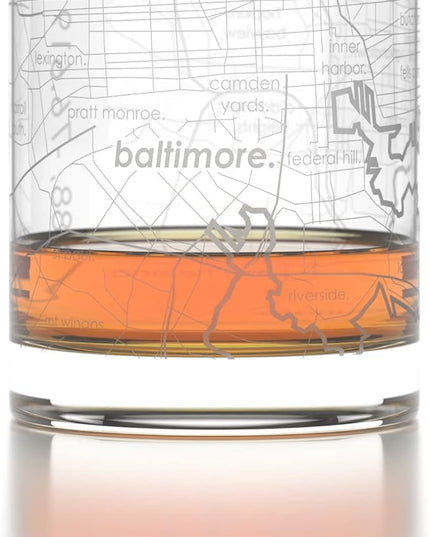 Well Told Engraved Baltimore Maryland Map Rocks Glass, Old Fashioned Whiskey Glass (11 oz, Clear) Etched Whiskey Glass, Gifts For Whiskey Lovers