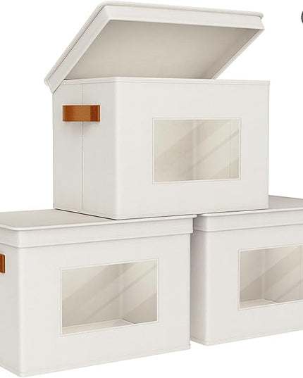 Univivi Storage Boxes with Lids Fabric Foldable Storage Bin for Clothes, [3-Pack] Closet Organizer Containers boxes with Handles for Home, Bedroom, Closet Storage (Beige,17” x 12” x 12")