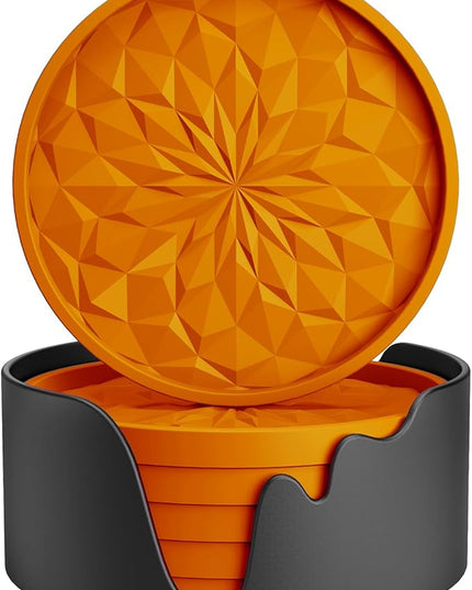 ME.FAN Silicone Coasters with Holder,[6 Pack] Drinking Coasters - Cup Mat for Hot or Cold Drinks, Thickened, Non-Slip, Non-stick,Deep Tray Orange