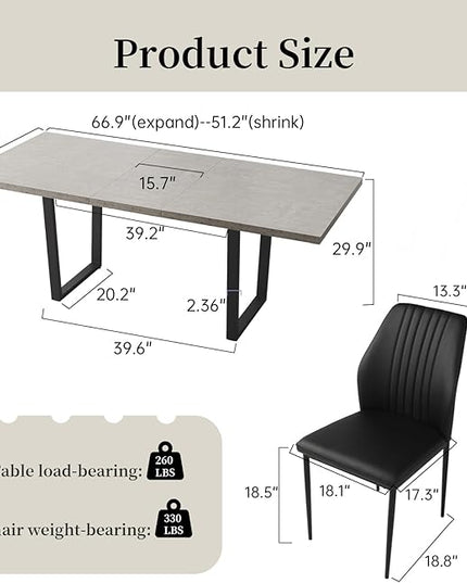 ZckyCine Modern Mid-Century Dining Table Set for 6-8 People Kitchen Dining Room Table Set Extendable Wood Dining Table and 6 Upholstered Chairs, Home Kitchen Furniture