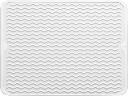 Silicone Dish Drying Mat for Multiple Usage,Easy clean,Eco-friendly,Heat-resistant Silicone Mat for Kitchen Counter or Sink,Refrigerator or drawer liner White L 16 inches x 12 inches